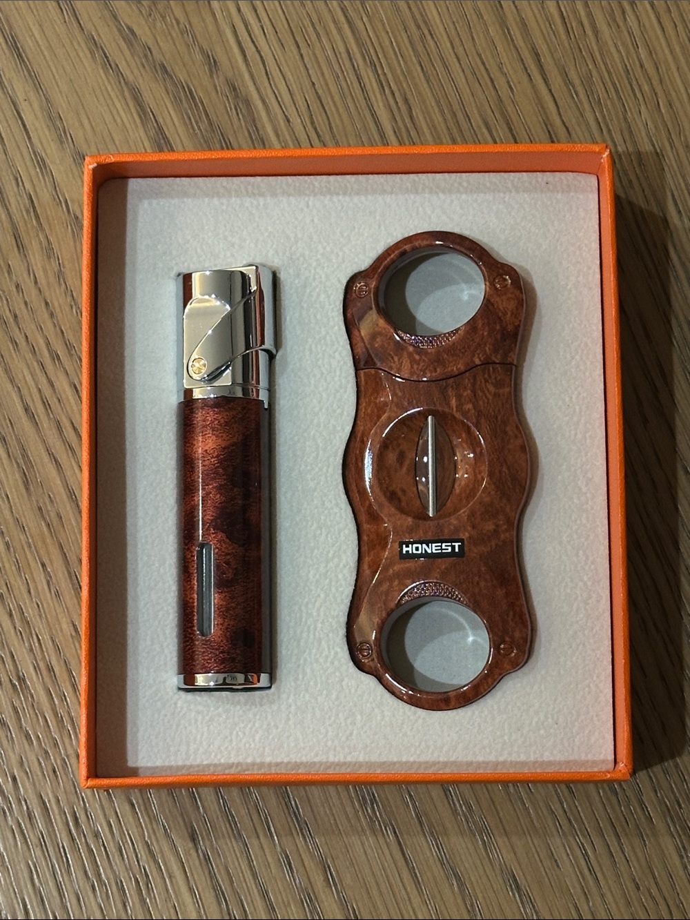 Brown Wood-Effect Cigar Cutter and Torch Lighter Gift Set